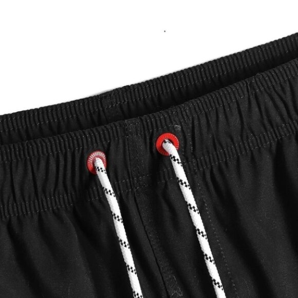 Black Vacation Style Men's Tropical Striped Print Swim Trunks - Picture 4 of 4